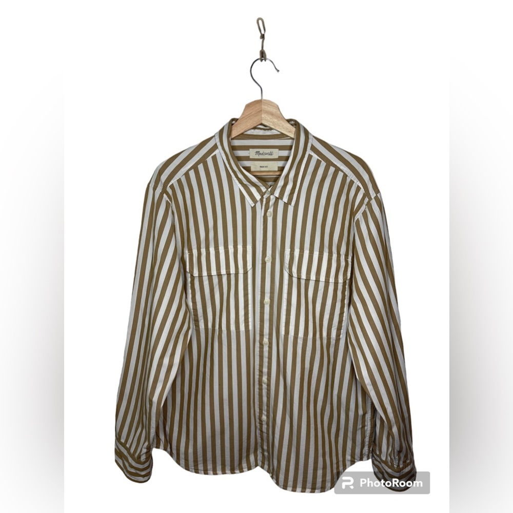 Mens Madewell Easyfit button up shirt, tan & white. Large